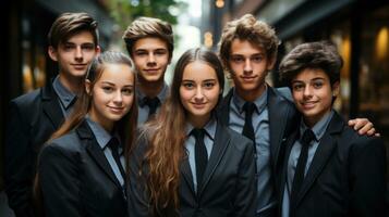 Porträt von männlich und weiblich hoch Schule Studenten tragen Uniform draußen Hochschule. foto