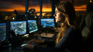 Luft der Verkehr Regler Arbeiter. Büro Zimmer mit Navigation Bildschirme, Flugzeug Abfahrt und Ankunft Daten Team. Flughafen Turm Konzept. foto