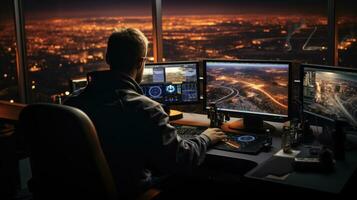 Luft der Verkehr Regler Arbeiter. Büro Zimmer mit Navigation Bildschirme, Flugzeug Abfahrt und Ankunft Daten Team. Flughafen Turm Konzept. foto