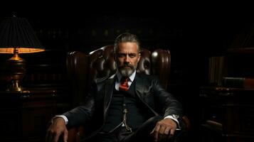 Porträt von ein gut aussehend Mann im ein klassisch passen Sitzung im ein Leder Stuhl. Reich kraftvoll Rechtsanwalt. foto