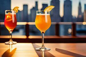 zwei Brille von Orange Saft mit ein Aussicht von das Stadt. KI-generiert foto