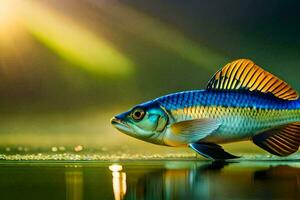ein Fisch ist Stehen auf das Wasser mit Sonnenlicht leuchtenden. KI-generiert foto