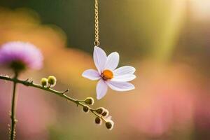 ein Weiß Blume hängt von ein Halskette. KI-generiert foto