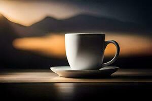 Kaffee Tasse auf ein Tabelle mit Berge im das Hintergrund. KI-generiert foto