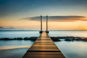 ein lange Seebrücke Dehnen in das Ozean beim Sonnenuntergang. KI-generiert foto