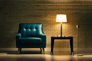 ein Blau Stuhl und Lampe im Vorderseite von ein Backstein Mauer. KI-generiert foto