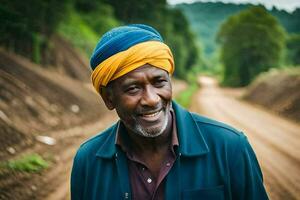 ein Mann im ein Turban lächelt während Gehen Nieder ein Schmutz Straße. KI-generiert foto