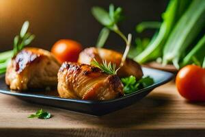 Hähnchen Brust mit Tomaten und Kräuter auf ein schwarz Platte. KI-generiert foto