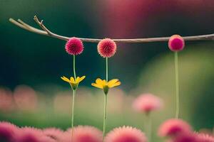 Rosa Blumen und Gelb Blumen sind auf ein Ast. KI-generiert foto