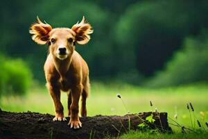 ein klein Hund mit groß Ohren Stehen auf ein Protokoll. KI-generiert foto