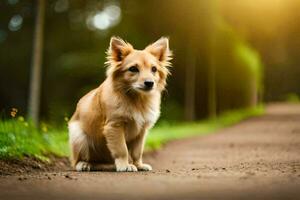 ein klein braun Hund Sitzung auf das Straße. KI-generiert foto