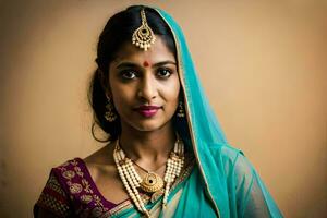 ein schön indisch Frau tragen ein Sari und Schmuck. KI-generiert foto