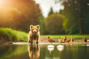 ein Hund ist Stehen im das Wasser mit Enten. KI-generiert foto