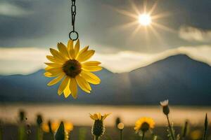 ein Gelb Blume hängend von ein Kette im Vorderseite von ein Berg. KI-generiert foto