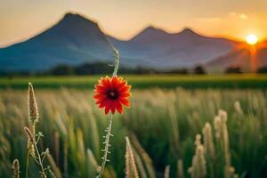 ein rot Blume steht im das Mitte von ein Feld. KI-generiert foto