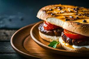 ein Hamburger mit Tomaten und Käse auf ein Platte. KI-generiert foto