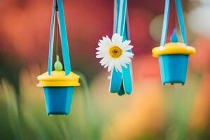 drei bunt Töpfe mit Blumen hängend von ihnen. KI-generiert foto