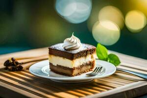 ein Stück von Kuchen auf ein Teller mit ein Gabel. KI-generiert foto