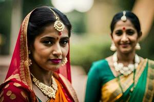 zwei Frauen im traditionell indisch Kleidung. KI-generiert foto