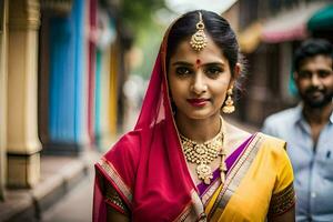 ein schön indisch Braut im ein bunt Sari. KI-generiert foto