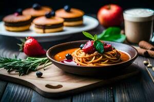 Spaghetti mit Tomate Soße und Beeren auf ein hölzern Tisch. KI-generiert foto