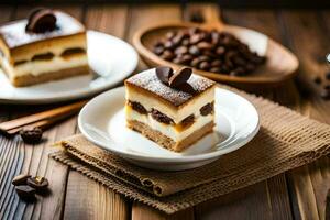 zwei Stücke von Kuchen auf Weiß Platten mit Kaffee Bohnen. KI-generiert foto