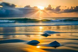 Sonnenuntergang auf das Strand mit Wellen und Felsen. KI-generiert foto