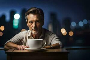 ein Mann Sitzung beim ein Tabelle mit ein Tasse von Kaffee. KI-generiert foto