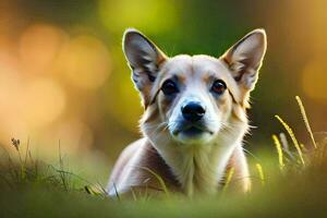 ein Hund Sitzung im das Gras suchen beim das Kamera. KI-generiert foto