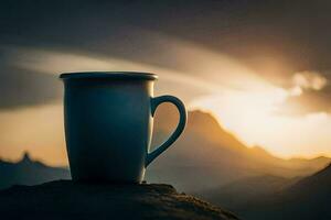 ein Kaffee Tasse sitzt auf oben von ein Berg beim Sonnenuntergang. KI-generiert foto