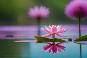 Rosa Lotus Blumen im das Wasser mit ein Grün Pflanze im das Hintergrund. KI-generiert foto