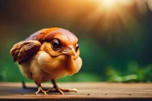 ein klein Vogel ist Stehen auf ein hölzern Tisch. KI-generiert foto