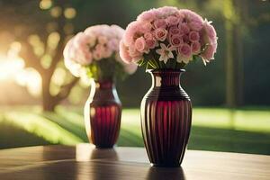 zwei Vasen von Rosa Blumen auf ein Tisch. KI-generiert foto