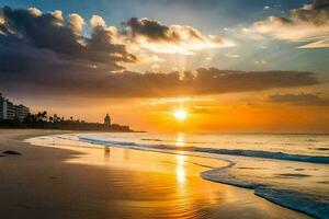 das Sonne setzt Über das Ozean und Strand im puerto Vallarta, puerto Rico. KI-generiert foto