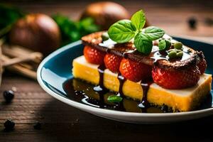 ein Dessert mit Erdbeeren und Käse auf ein Platte. KI-generiert foto