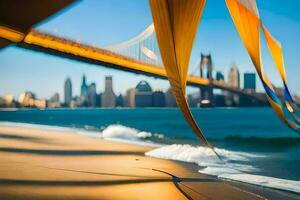 ein Strand mit ein Brücke im das Hintergrund. KI-generiert foto