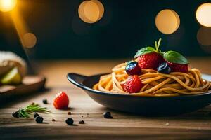 Spaghetti mit Beeren und Kräuter auf ein hölzern Tisch. KI-generiert foto