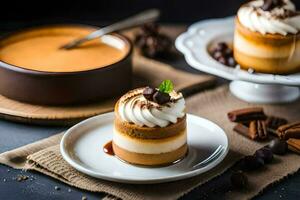 ein Dessert mit ausgepeitscht Sahne und Schokolade Chips. KI-generiert foto