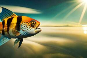 ein Fisch Schwimmen im das Ozean mit das Sonne im das Hintergrund. KI-generiert foto