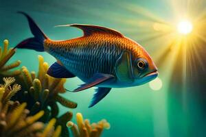 ein Fisch Schwimmen im das Ozean mit das Sonne leuchtenden. KI-generiert foto