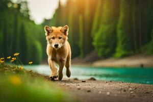 ein Wolf ist Gehen entlang ein Pfad in der Nähe von ein Fluss. KI-generiert foto