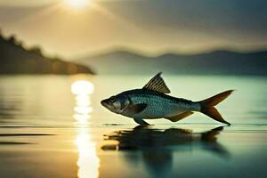 ein Fisch ist Stehen auf das Wasser beim Sonnenuntergang. KI-generiert foto