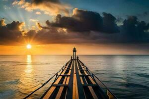 ein lange Seebrücke mit ein Leuchtturm beim Sonnenuntergang. KI-generiert foto