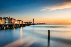 Foto Hintergrund das Himmel, Wasser, Meer, Seebrücke, Gebäude, das Stadt, das Sonnenuntergang,. KI-generiert