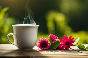 ein Tasse von Kaffee und Blumen auf ein sonnig Tag. KI-generiert foto