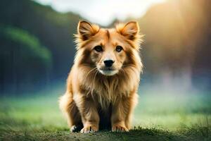 ein Hund Sitzung auf das Gras im das Sonne. KI-generiert foto