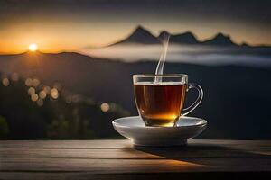 ein Tasse von Tee auf ein hölzern Tabelle im Vorderseite von ein Berg Sicht. KI-generiert foto