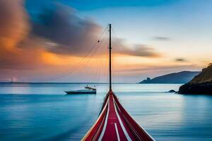 ein Boot ist angedockt im das Ozean beim Sonnenuntergang. KI-generiert foto