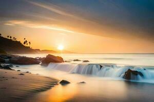 ein schön Sonnenuntergang Über das Ozean mit Wellen abstürzen in das Ufer. KI-generiert foto