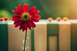 ein rot Blume ist Stehen im Vorderseite von ein hölzern Zaun. KI-generiert foto